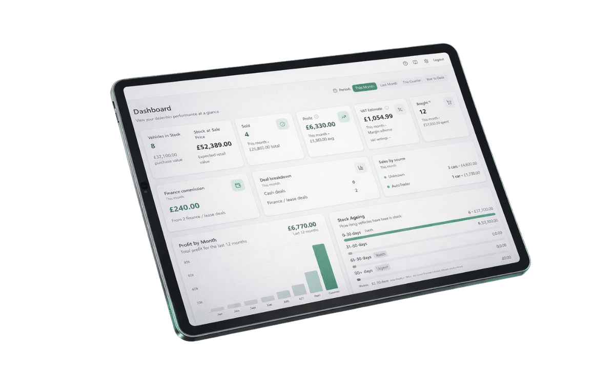 Dealer Ledger dashboard on tablet - track vehicles, profits, and VAT